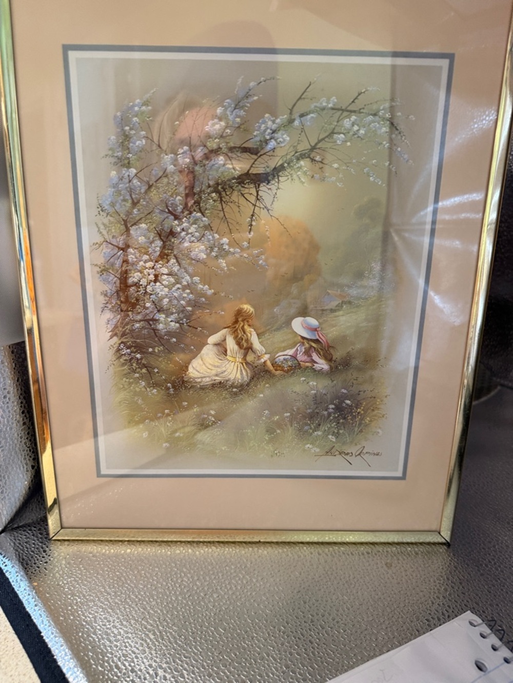 Vintage Framed Pastoral Print - Girls in Meadow (Beige, Pink)